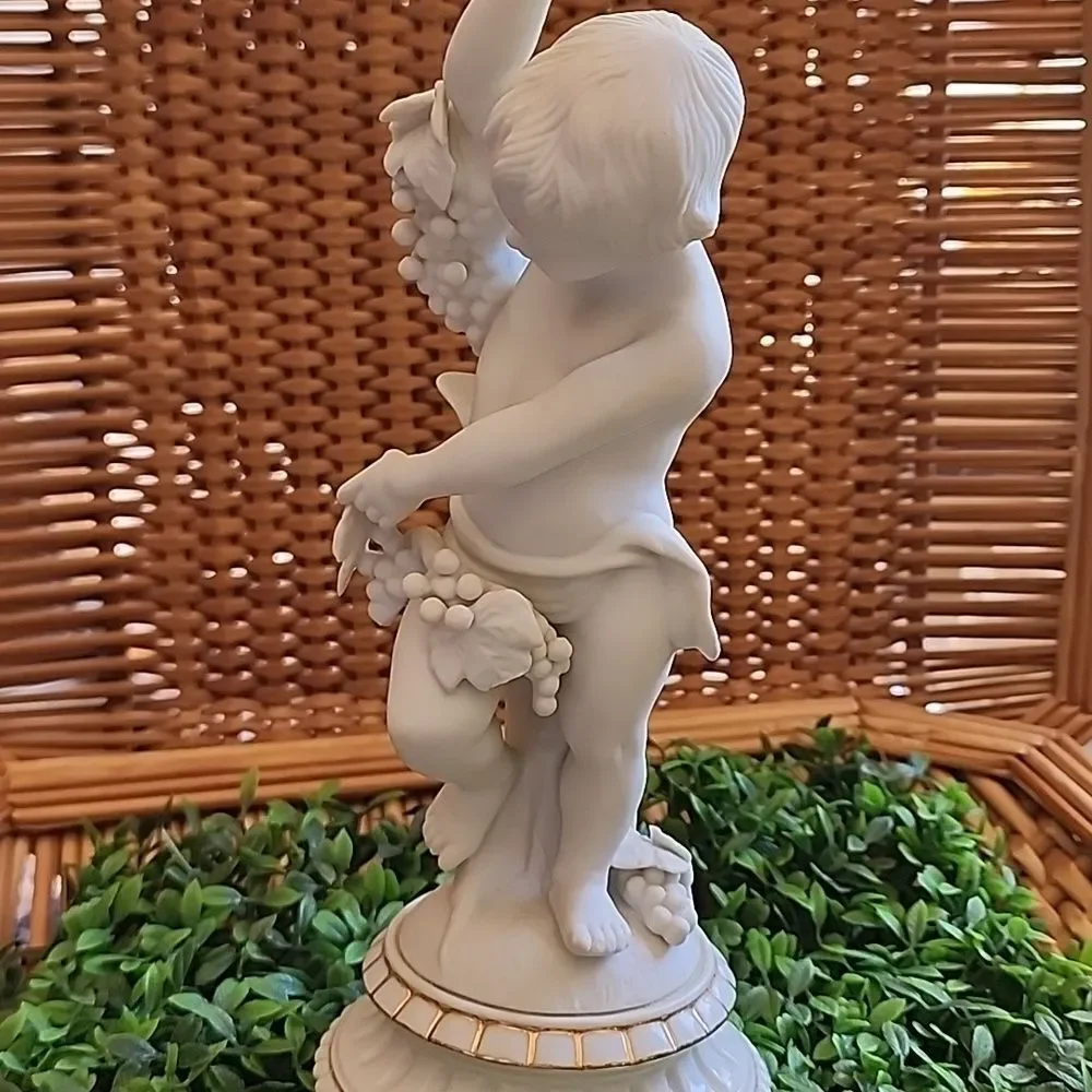 Vintage Bisque Porcelain Cherub Boy Holding Grapes Andrea By Sadek 1952